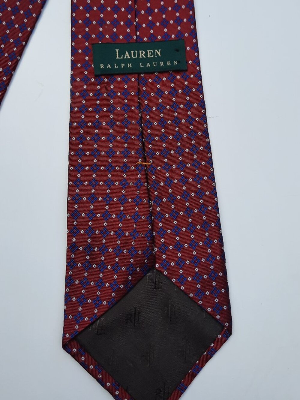 Lauren Ralph Lauren Tie Silk Red w/ Blue GeometricPolka Dot USA Made